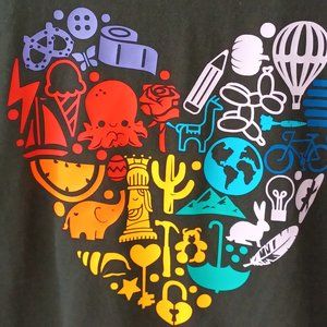 black youth xs t shirt, grafic heart with different images make heart